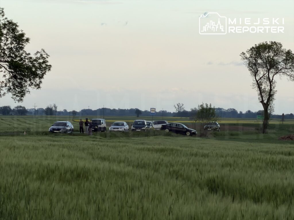 Grupa osób w mundurach rozmawia obok kilku zaparkowanych samochodów na zielonym polu.