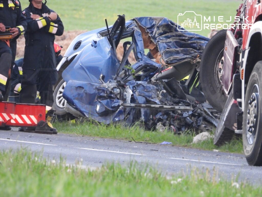 Wielu strażaków pracuje przy rozbitej niebieskiej osobówce na poboczu drogi, otoczonej zieloną trawą.