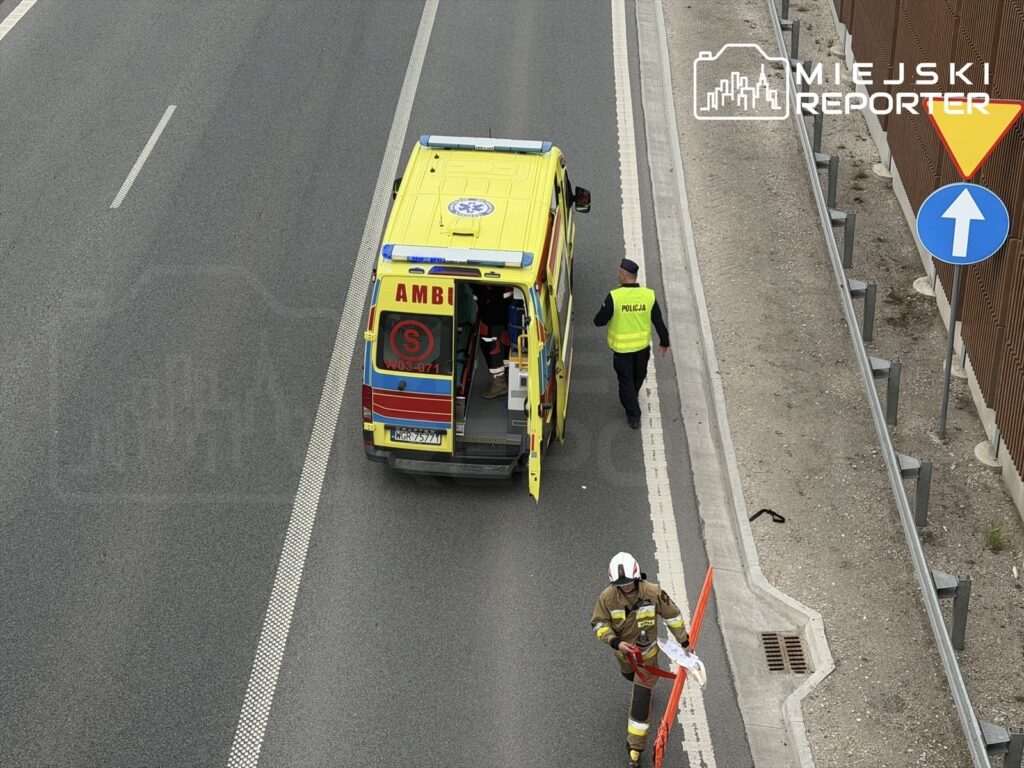 Karetka pogotowia zatrzymana na drodze, obok niej policjant w kamizelce odblaskowej oraz strażak trzymający znak ostrzegawczy.