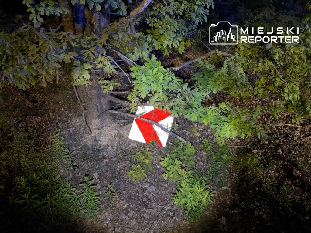 Czerwono-biała flaga ostrzegawcza umieszczona obok pnia drzewa w zalesionym terenie, oświetlona sztucznym światłem.