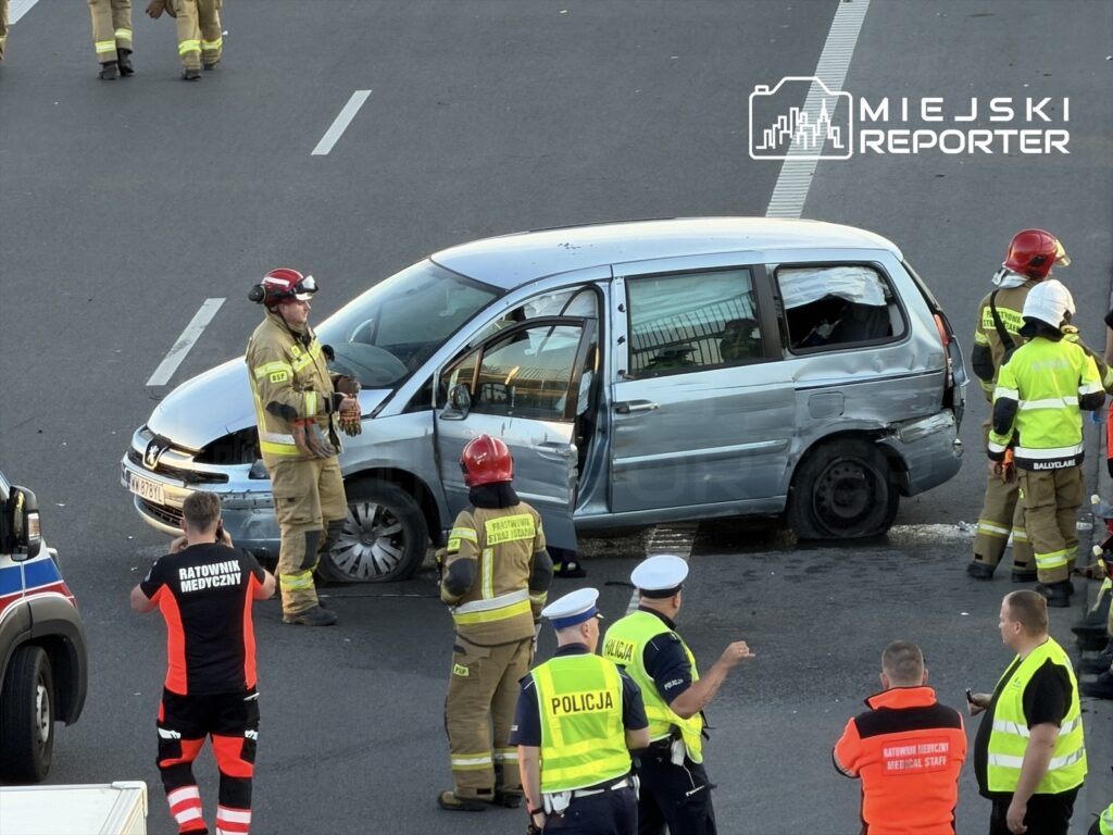 Grupa ratowników medycznych i strażaków pracuje przy rozbitym samochodzie na jezdni, oceniając sytuację po wypadku.