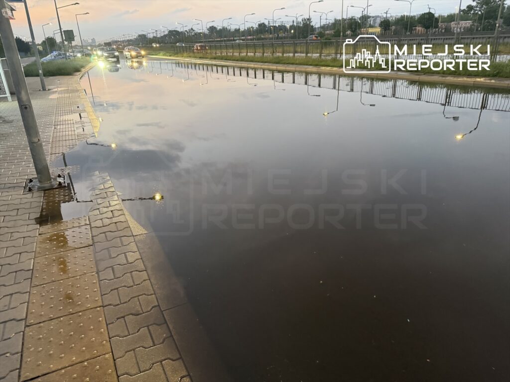 Ulica z widoczną kałużą wody, odbijającą światła latarni i samochody, w tle chmurne niebo.