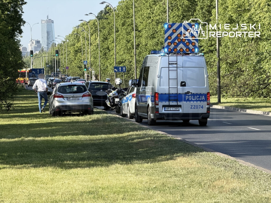 Policyjny radiowóz z włączonymi sygnałami świetlnymi stoi na poboczu, obok zaparkowanego samochodu; w tle widać wieżowce.