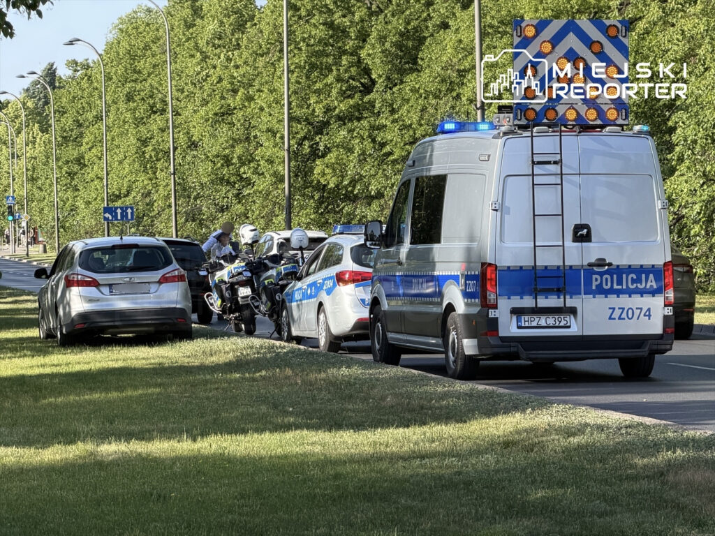 Funkcjonariusze policji kontrolujący pojazdy na drodze w otoczeniu zieleni i latarni ulicznych.