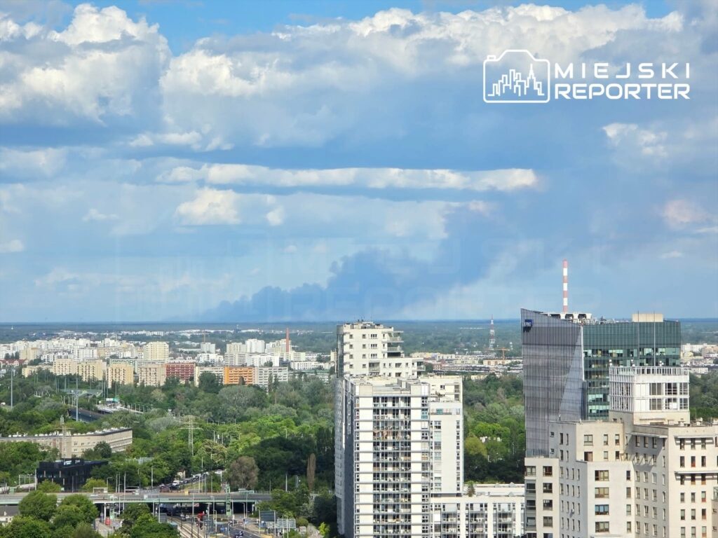 Widok na miasto z wysokiego budynku, z zielonymi terenami i chmurami na niebie, w tle widoczny dym.