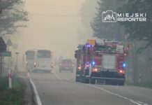 Czerwone wozy strażackie przejeżdżają przez zamgloną drogę, obok białego autobusu i radiowozów policyjnych.