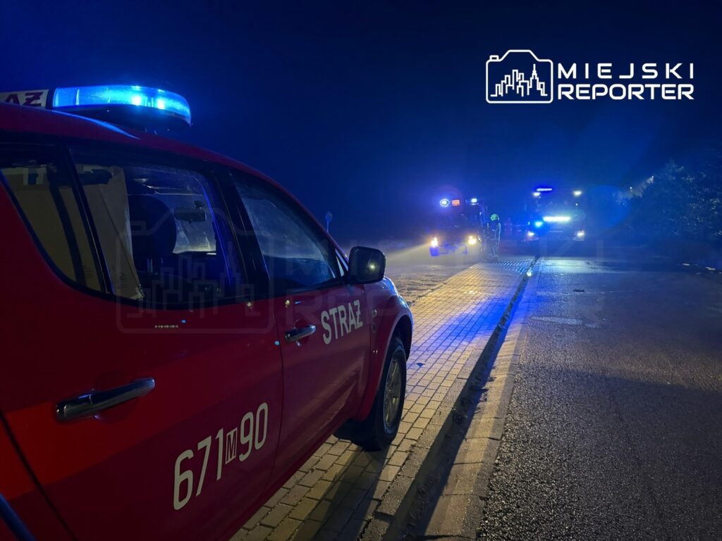 Czerwony samochód strażacki z niebieskimi światłami zapalonymi na nocnej ulicy, obok niego pracujący strażacy.