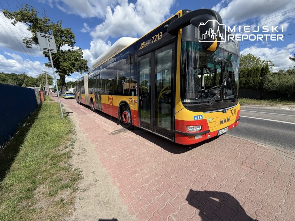Autobus komunikacji miejskiej zatrzymany na przystanku, obok widać radiowóz policyjny, w tle błękitne niebo z chmurami.