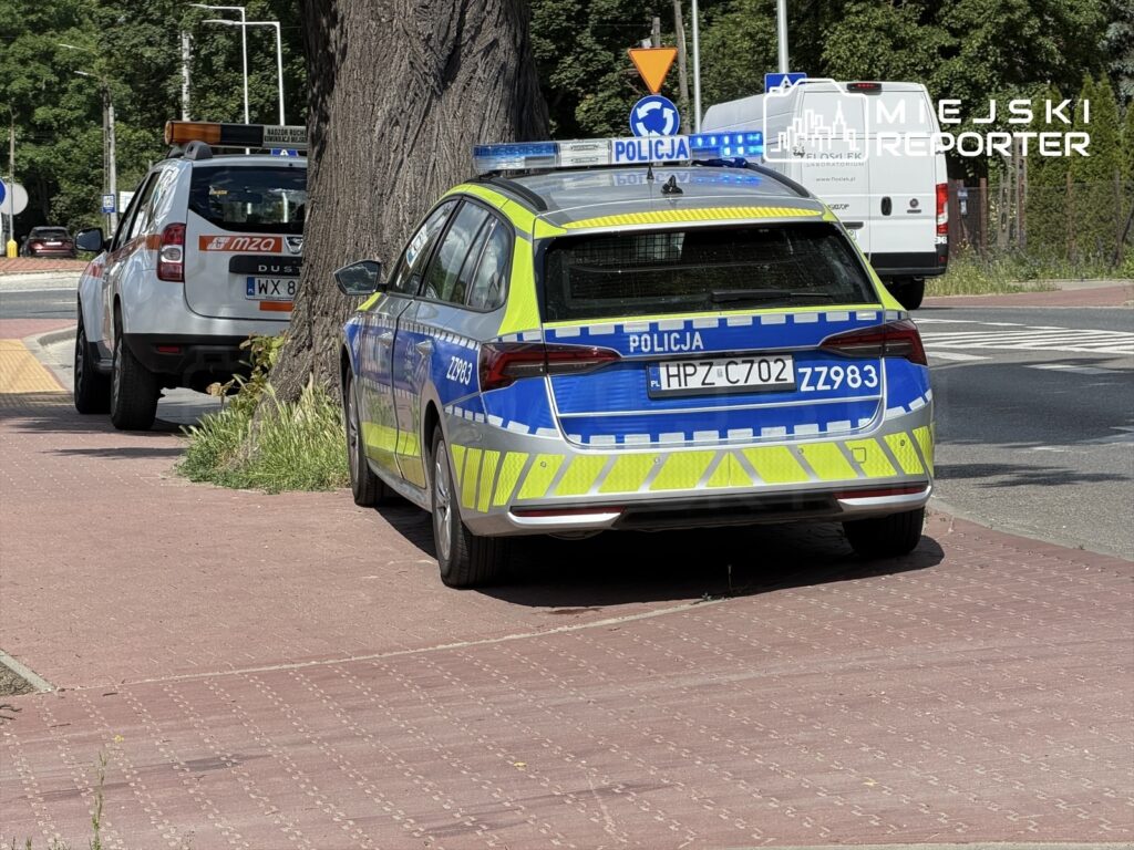 Policyjny radiowóz zaparkowany na chodniku obok drzewa, w tle widać inny pojazd służbowy.