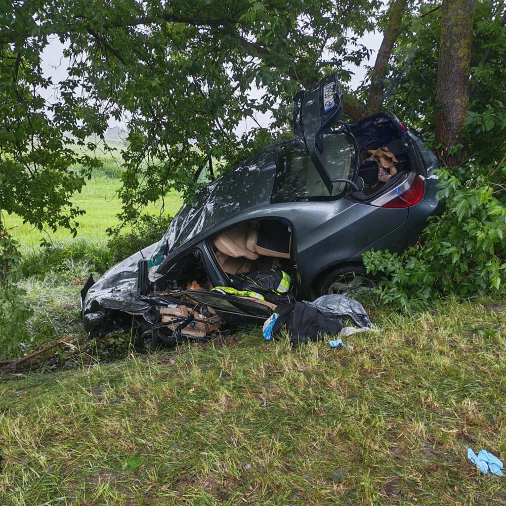 Samochód osobowy w stanie poważnego uszkodzenia, wciśnięty w zieleń przy drodze, z otwartą tylnią klapą.