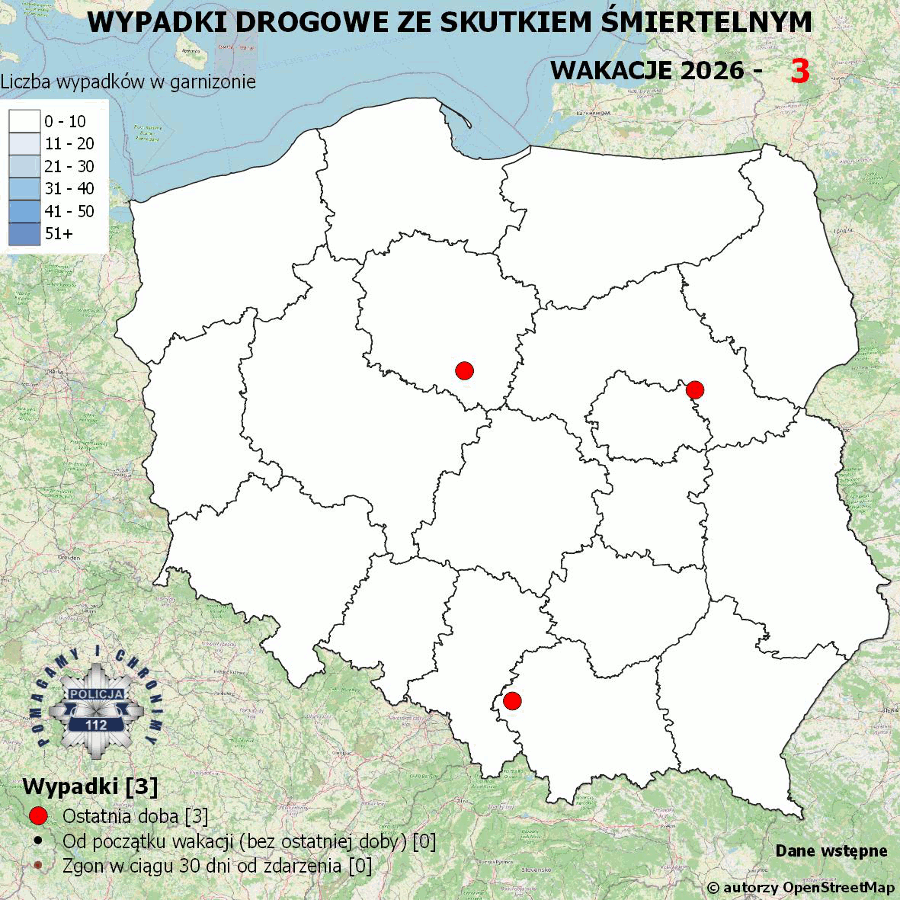 Mapa przedstawiająca miejsca wypadków drogowych ze skutkiem śmiertelnym w Polsce, oznaczone czerwonymi punktami.