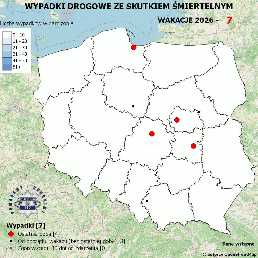 Mapa przedstawiająca wypadki drogowe ze skutkiem śmiertelnym w Polsce, zaznaczone czerwonymi i czarnymi punktami.