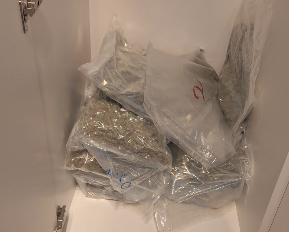 Torba z roślinami w przezroczystych opakowaniach umieszczona w białej szafce.