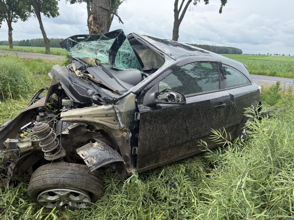 Zniszczony samochód osobowy leży w wysokiej trawie obok drogi, z uszkodzoną szybą i odłamanymi elementami nadwozia.