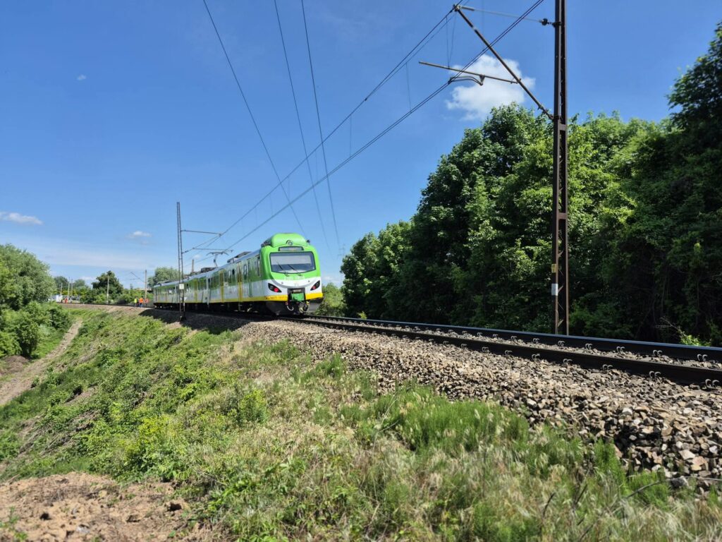 Pociąg elektryczny w zielonym malowaniu przejeżdżający obok torów otoczonych zaroślami i drzewami w słoneczny dzień.