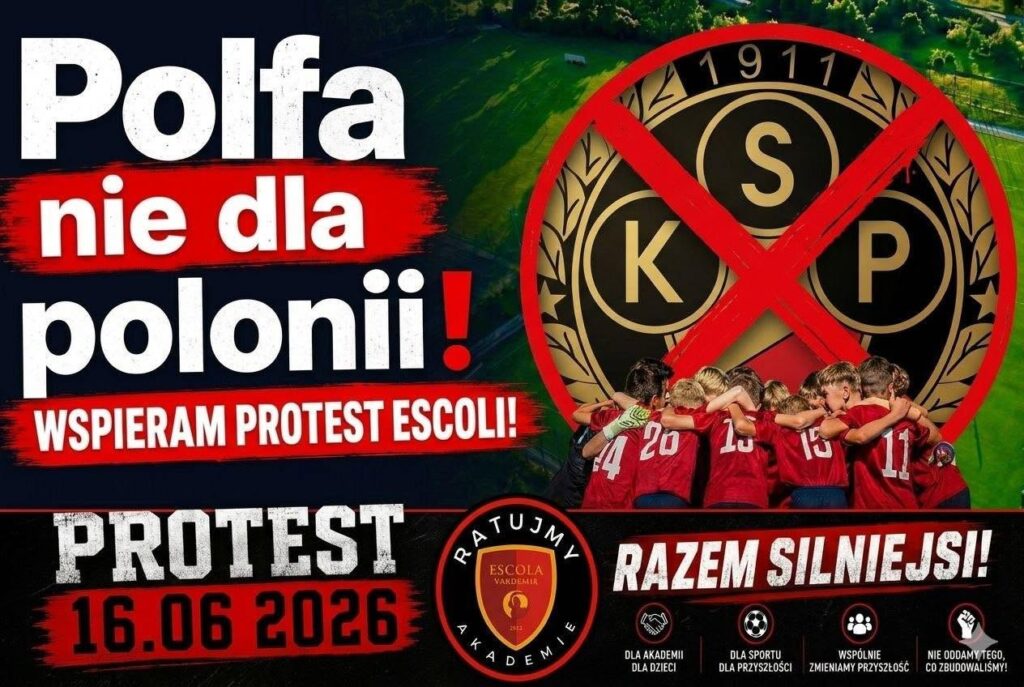 Plakat z hasłem "Polfa nie dla polonii!" oraz datą protestu 16.06.2026, z grupą dzieci w czerwonych koszulkach trzymających się za ramiona.
