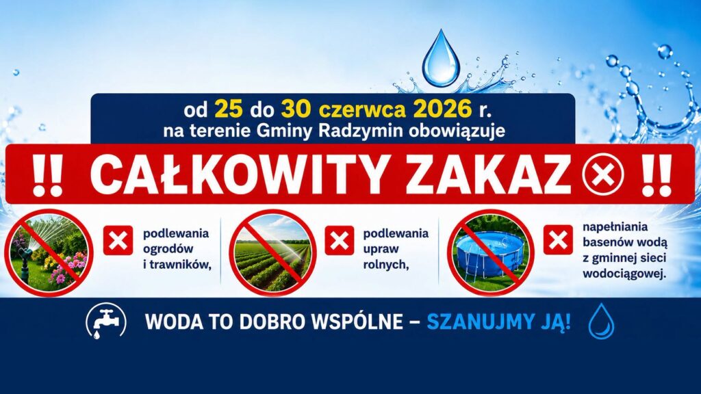 Plakat informujący o całkowitym zakazie podlewania ogrodów, upraw rolnych i napełniania basenów w Gminie Radzymin w dniach 25-30 czerwca 2026.