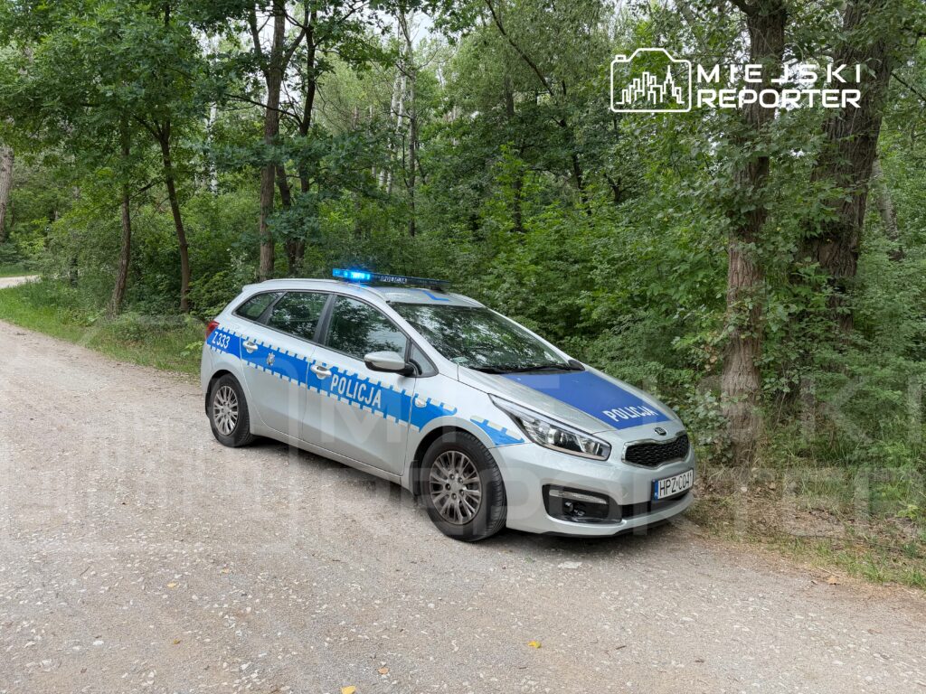 Policyjny radiowóz z niebieskimi światłami zaparkowany na leśnej drodze w otoczeniu zielonych drzew.