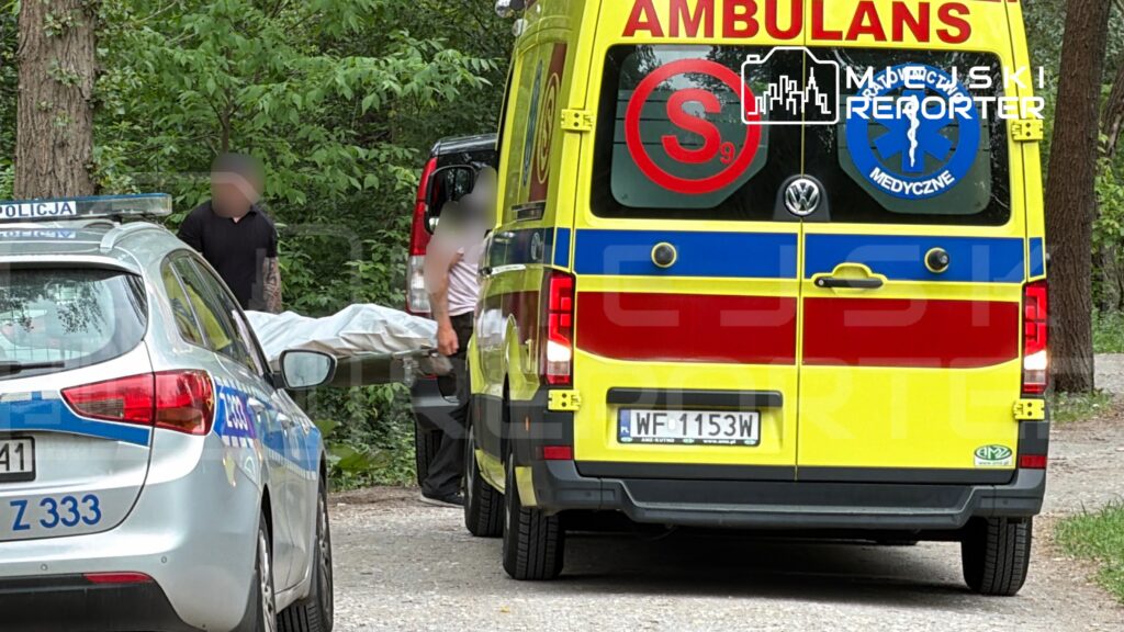 Mężczyzna w czarnej koszulce przenosi nosze z przykrytą postacią do karetki w otoczeniu zieleni.