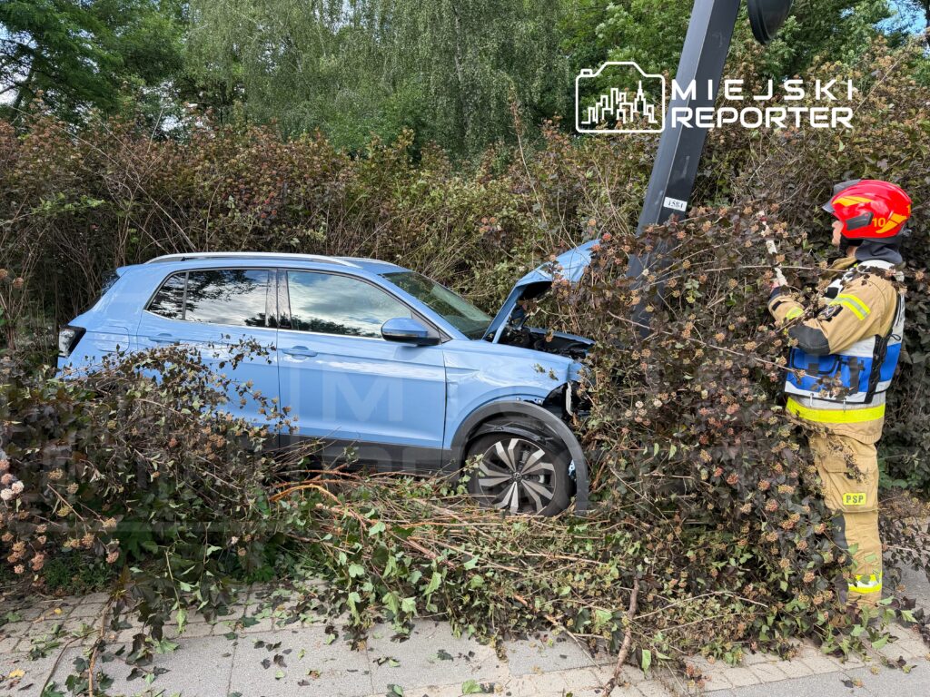 Strażak w kasku i mundurze usuwa gałęzie z niebieskiego samochodu, który wpadł w zarośla.