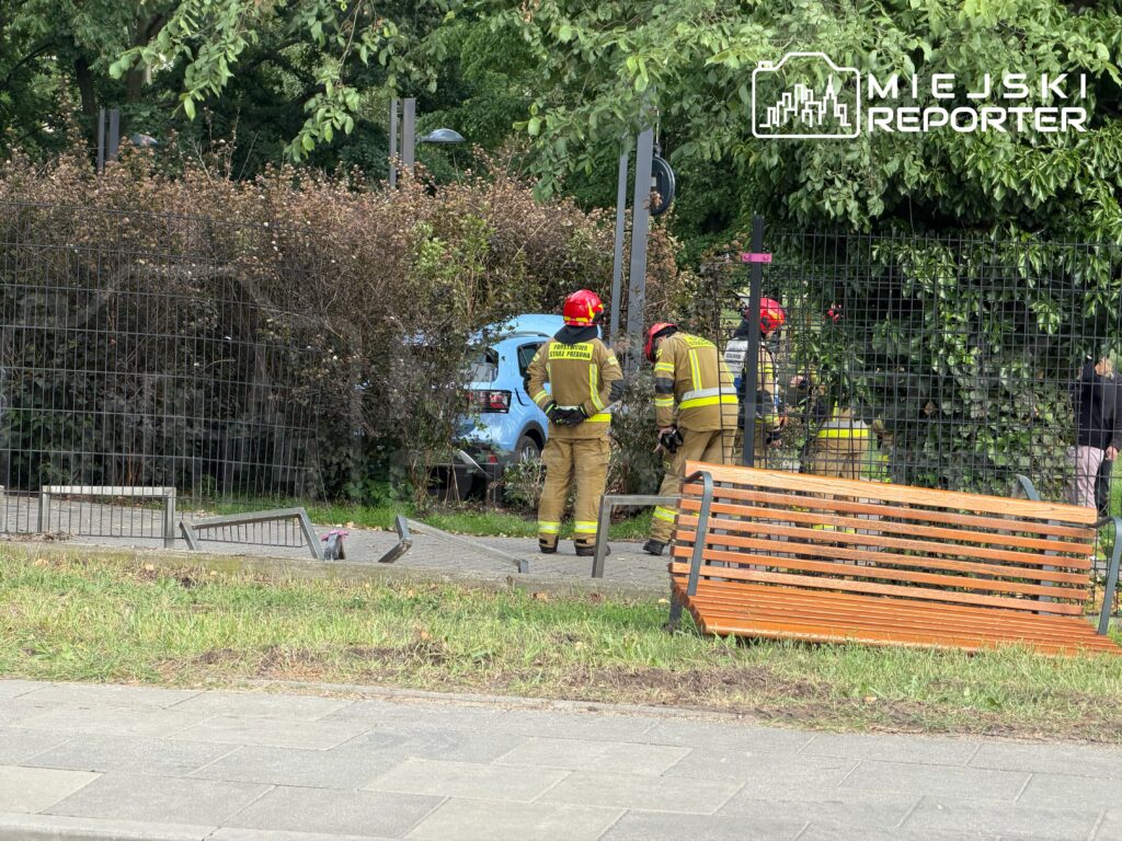 Grupa strażaków w mundurach pracuje przy uszkodzonym ogrodzeniu w parku, obok niebieskiego samochodu.