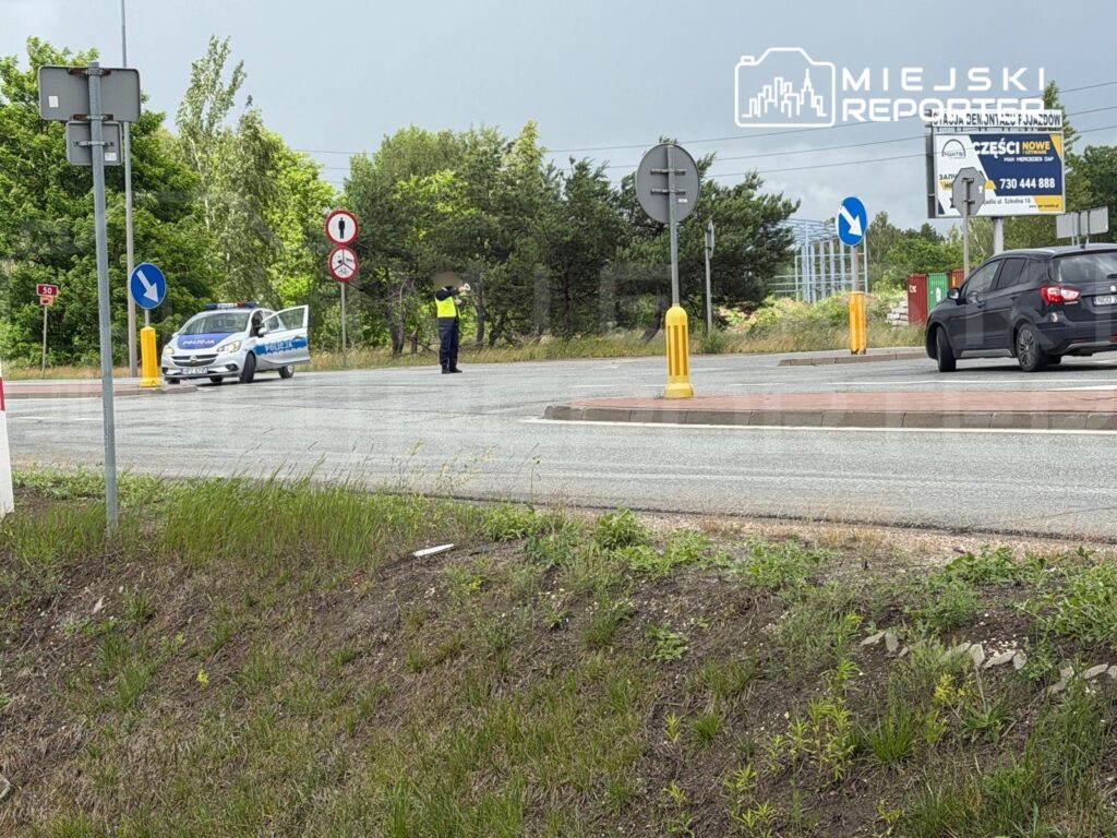 Policjant kierujący ruchem drogowym obok radiowozu na skrzyżowaniu w otoczeniu zieleni.