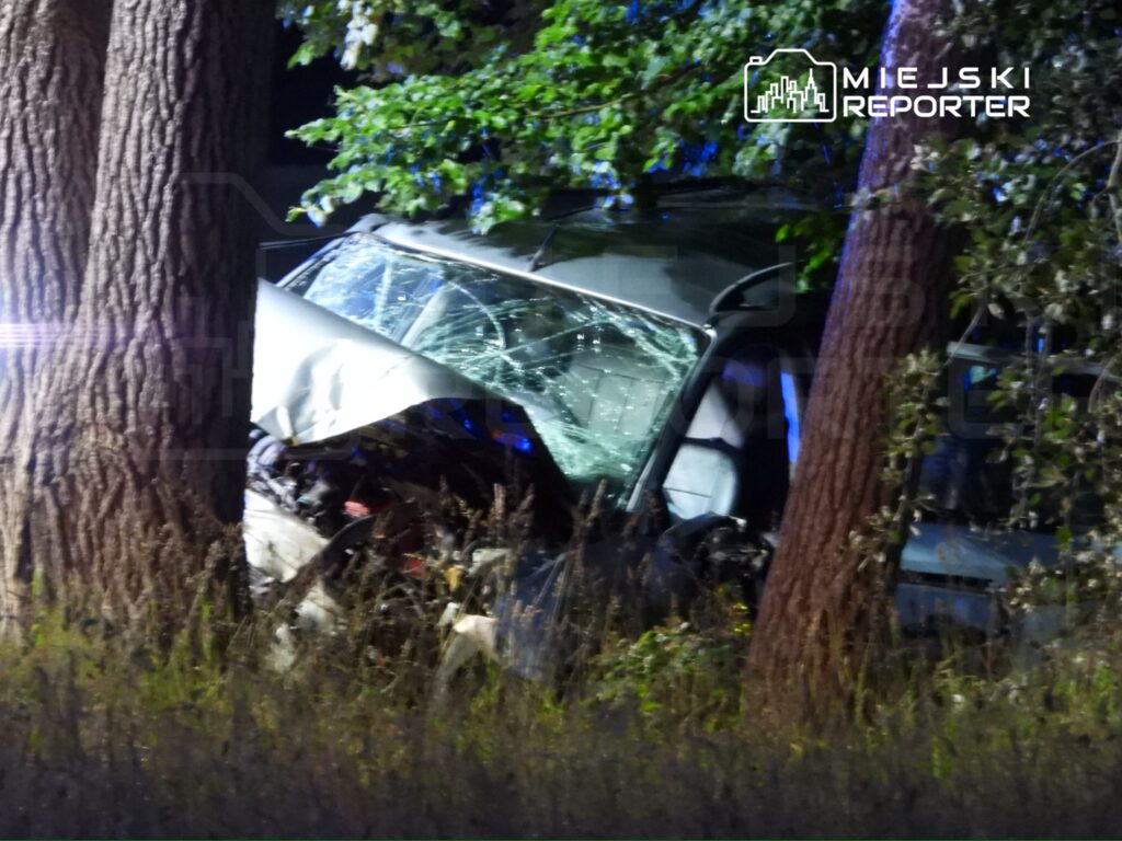 Samochód osobowy wjechał w drzewo, zniszczona karoseria i rozbite szyby w ciemnym otoczeniu leśnym.