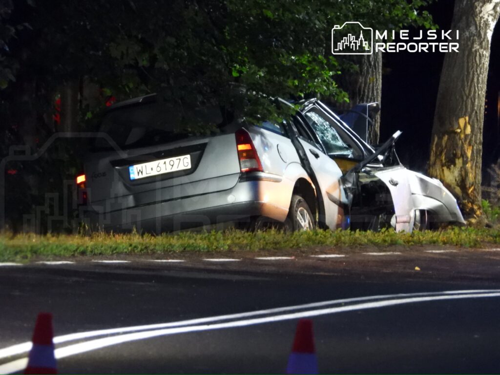 Samochód osobowy w kolorze szarym, uszkodzony i częściowo wjeżdżający w zieleń, obok drogi, w nocy.