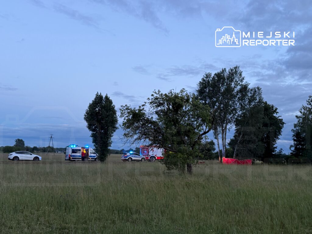 Na polu z wysoką trawą stoją karetka pogotowia i radiowóz, obok widoczny biały samochód.