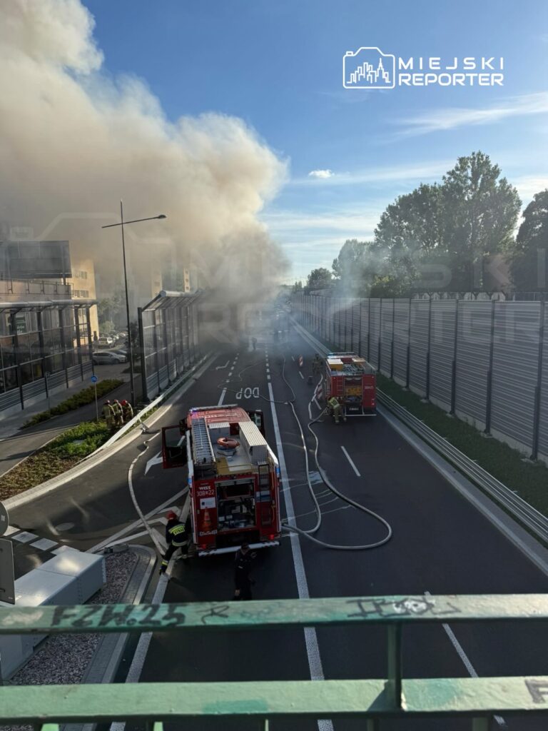 Strażacy pracują nad wężami gaśniczymi w pobliżu drogi, w tle widoczne kłęby dymu.