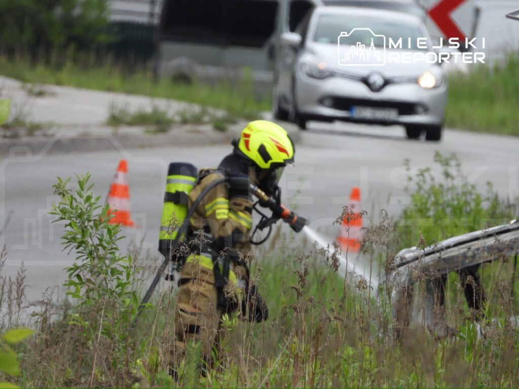 Strażak w hełmie i mundurze gasi ogień przy drodze, obok pomarańczowe pachołki ustawione wzdłuż jezdni.