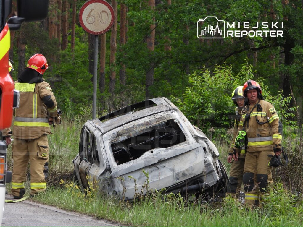 Strażacy w mundurach omawiają sytuację obok spalonego samochodu na tle leśnego krajobrazu.