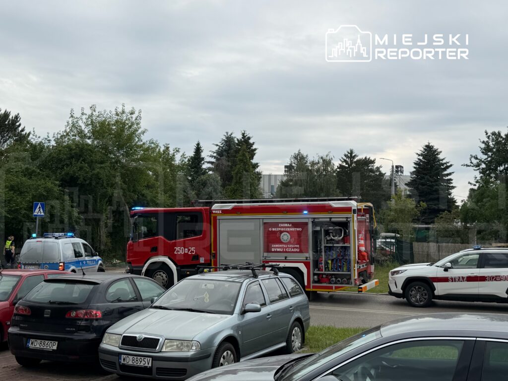 Straż pożarna z włączonymi sygnałami świetlnymi zatrzymana obok radiowozu policyjnego na ulicy, otoczona zaparkowanymi samochodami.
