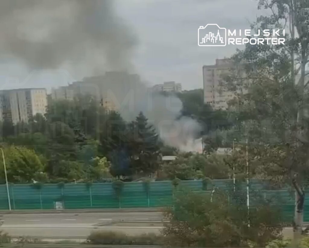 Gęsty dym unoszący się z terenu zielonego w pobliżu budynków mieszkalnych. W tle widoczne drzewa i ogrodzenie.
