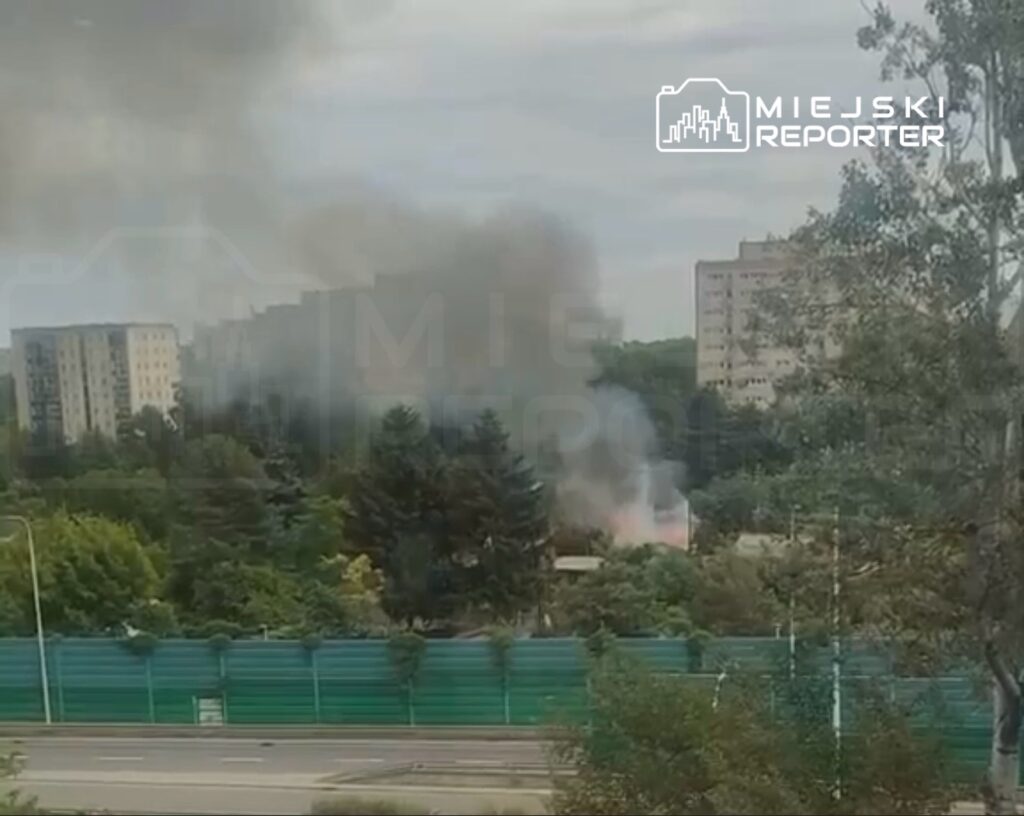 Gęsty dym unoszący się nad zadrzewionym terenem w pobliżu bloków mieszkalnych.