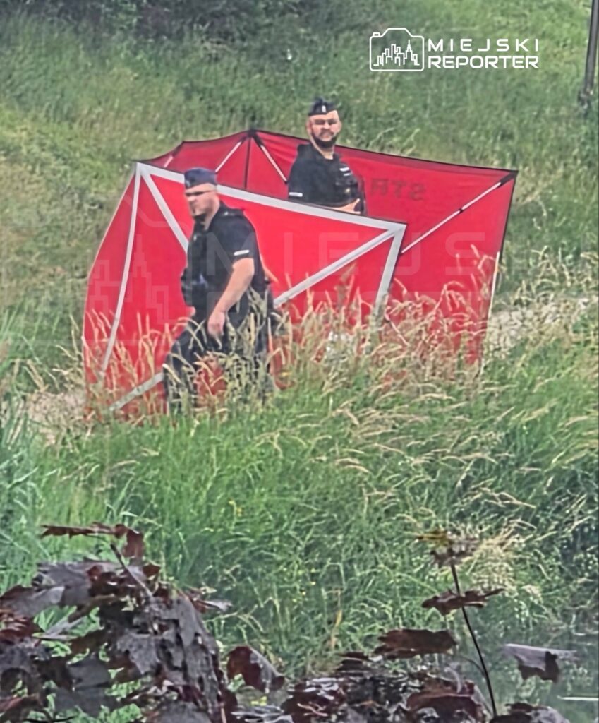 Dwaj mężczyźni w mundurach stoją obok czerwonego namiotu na tle wysokiej zielonej trawy.