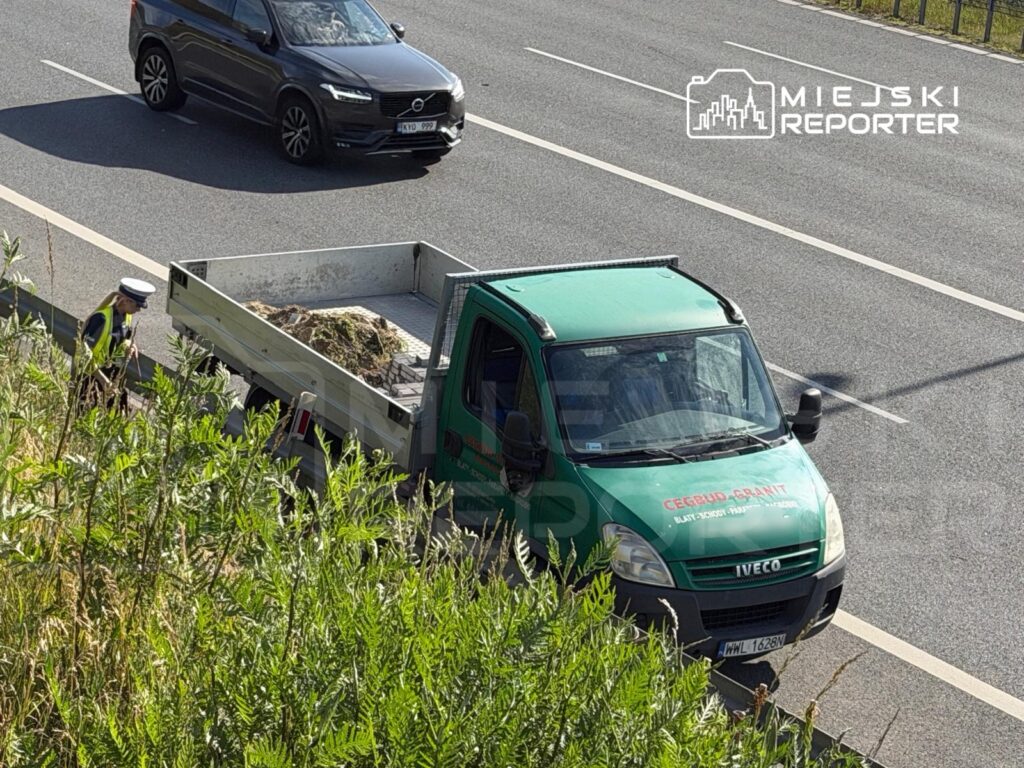 Policjant w mundurze kontroluje zielony samochód dostawczy z towarem na poboczu drogi.