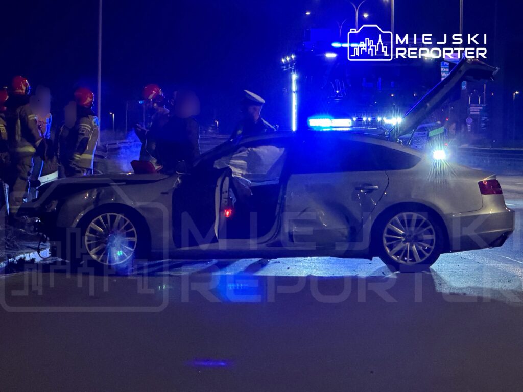 Grupa strażaków oraz policjantów pracuje przy uszkodzonym samochodzie na drodze w nocy.