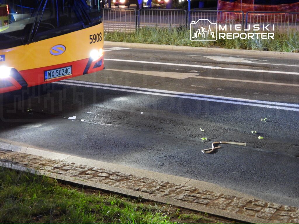 Autobus zatrzymany na jezdni, obok węża leżącego na asfalcie, w tle widać oświetlone pojazdy.