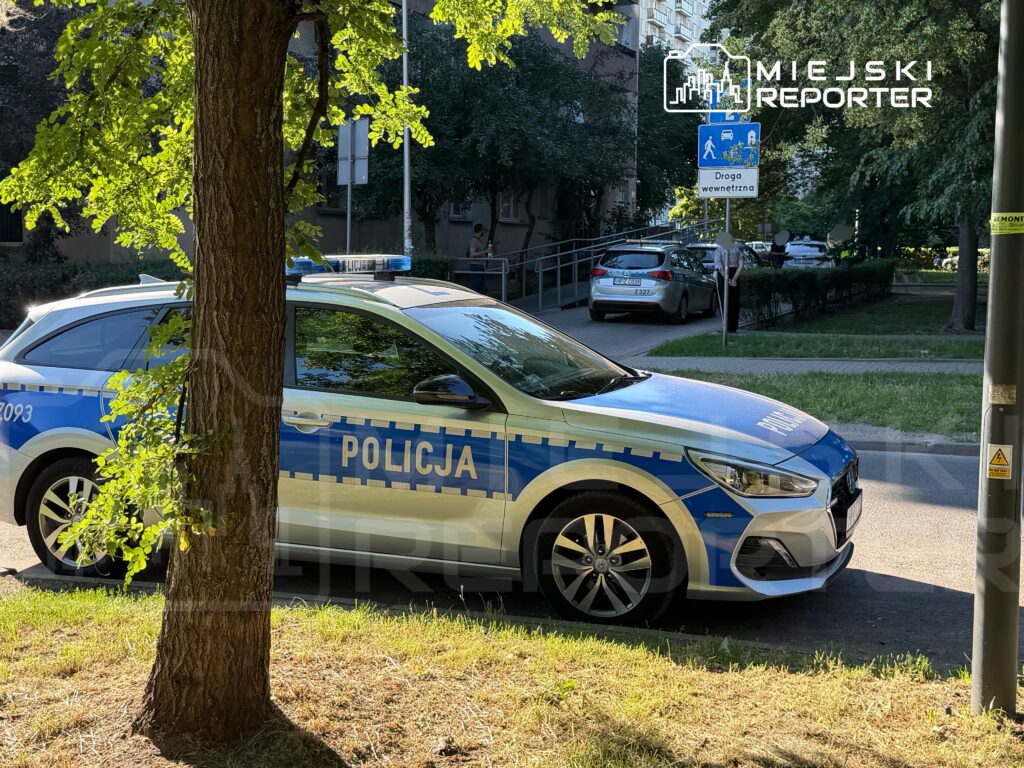 Radiowóz policyjny zaparkowany przy drodze wewnętrznej, otoczony zielenią i budynkami mieszkalnymi.