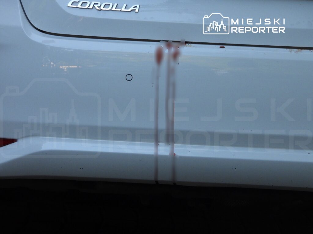 Na białym samochodzie marki Corolla widoczne są ślady krwi na tylnym zderzaku.
