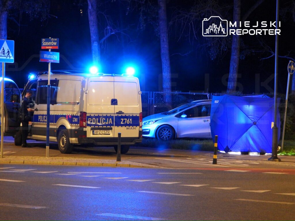 Policjant sprawdzający dokumenty obok radiowozu z włączonymi sygnałami świetlnymi na ulicy w nocy.