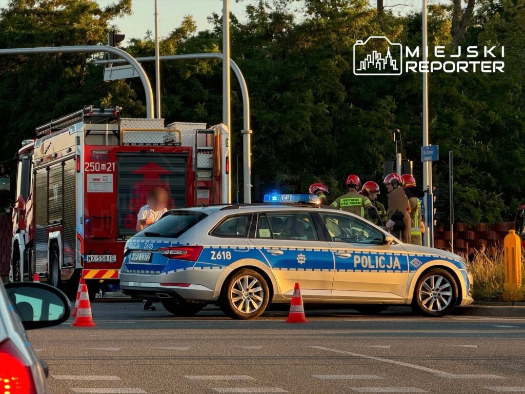 W miejscu zdarzenia policja i straż pożarna prowadzą działania ratunkowe, otoczeni przez pachołki drogowe.