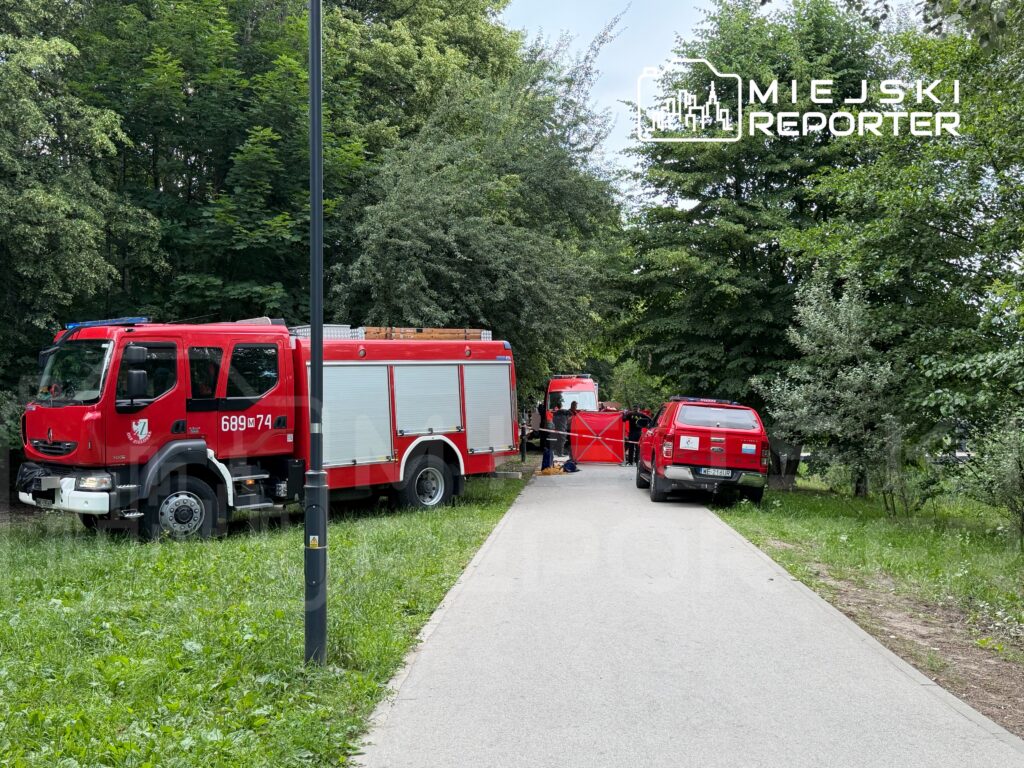 Czerwony wóz strażacki oraz samochód terenowy zaparkowane na ścieżce w otoczeniu drzew, obok prowadzone są działania ratunkowe.