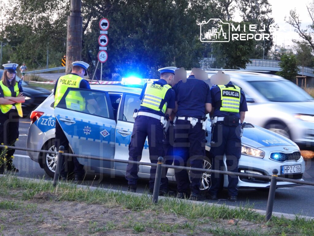 Grupa policjantów w kamizelkach odblaskowych prowadzi czynności przy radiowozie na poboczu drogi.