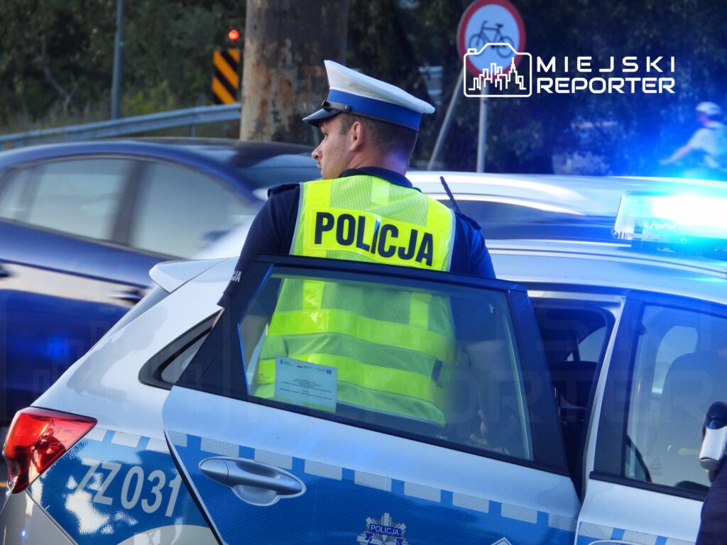 Policjant w odblaskowej kamizelce stoi obok radiowozu z włączonymi sygnałami świetlnymi na ruchliwej drodze.