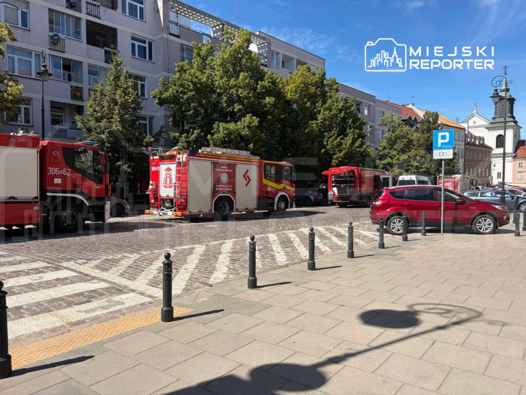 W tle widać dwa wozy strażackie zaparkowane przy ulicy, obok stojące samochody osobowe. Na chodniku widać pasy dla pieszych oraz latarnię.