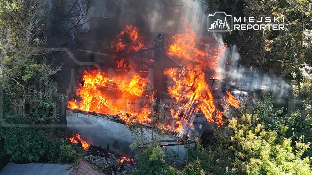 Płonący budynek otoczony gęstą roślinnością, z intensywnymi płomieniami i dymem wznoszącym się w powietrze.