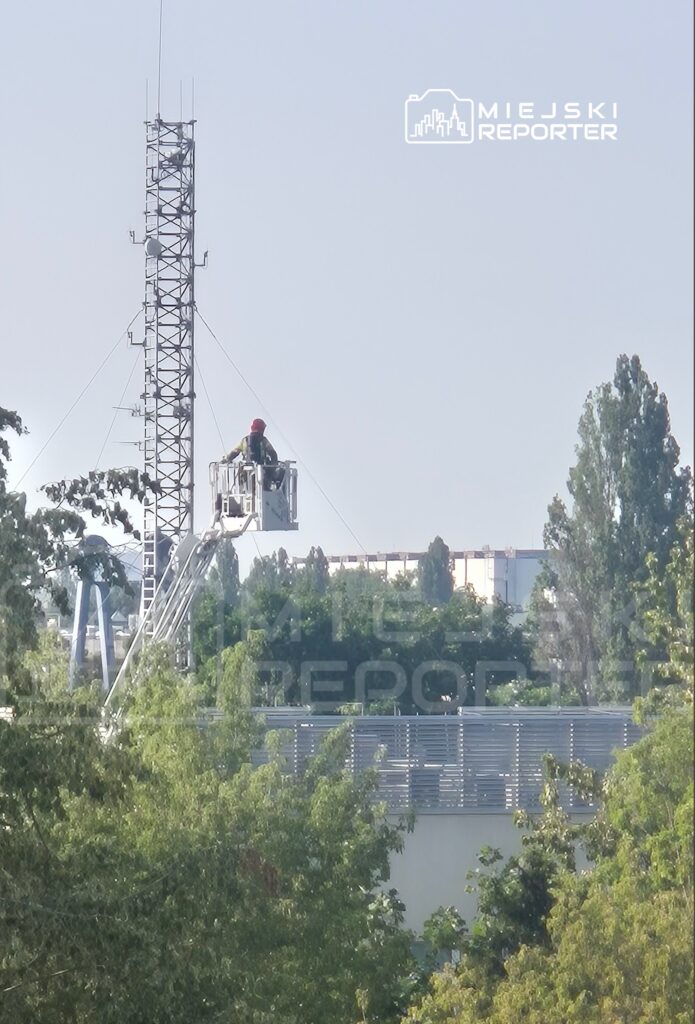 Pracownik w kasku, siedzący w podnośniku, dokonuje konserwacji na wieży telekomunikacyjnej w otoczeniu drzew.