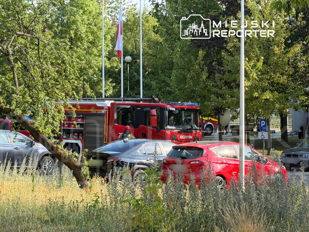 Czerwony wóz strażacki zaparkowany obok drzew w miejskim otoczeniu, w tle flagi i inne pojazdy.
